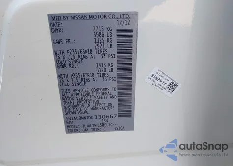 2013 Infiniti Jx35 from USA, damaged, VIN 5N1AL0MN3DC330667